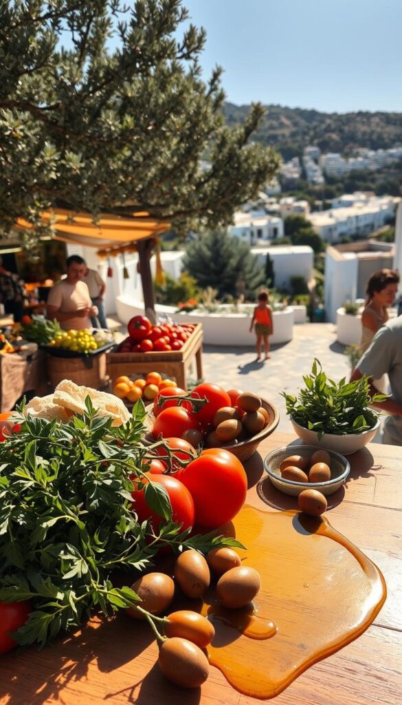 A vibrant Mediterranean landscape, bathed in warm afternoon sunlight. In the foreground, a table laden with traditional ingredients - sun-ripened tomatoes, fragrant herbs, glossy olives, and a drizzle of rich olive oil. Behind it, a bustling open-air market, with vendors offering fresh produce and artisanal goods. In the distance, glimpses of whitewashed buildings and azure waters, framed by lush olive groves and grapevines. The scene exudes a sense of health, vitality, and the essence of the renowned Mediterranean diet - a harmonious balance of flavors, nutrients, and culture.