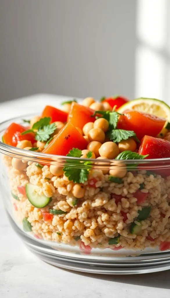 A vibrant Mediterranean quinoa salad nestled in a sleek glass container, bathed in soft, natural lighting. The foreground showcases a rainbow of fresh ingredients - juicy cherry tomatoes, crisp cucumber slices, fragrant herbs, and plump chickpeas. The middle ground features the quinoa, fluffy and infused with lemon zest and aromatic spices. The background subtly fades into a minimalist, neutral backdrop, allowing the vibrant colors and textures of the salad to take center stage. The overall composition evokes a sense of health, freshness, and effortless culinary delight, fitting perfectly for a delicious lunch option within the Mediterranean diet.