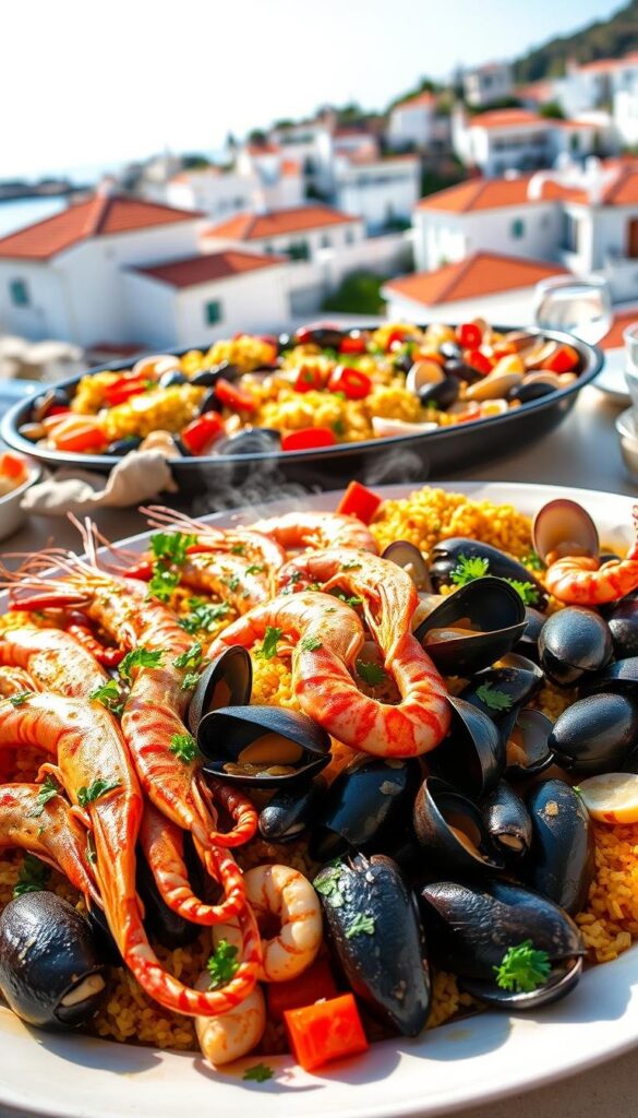A vibrant Mediterranean seafood feast, with a sun-drenched seaside backdrop. In the foreground, a bountiful arrangement of sizzling grilled prawns, succulent mussels, and delicate octopus tentacles, drizzled with fragrant olive oil and sprinkled with freshly chopped parsley. In the middle ground, a platter overflows with steaming paella, its saffron-infused rice studded with tender calamari, juicy clams, and vibrant pops of red pepper. The background reveals a picturesque coastal town, with whitewashed buildings and terracotta roofs basking in the warm Mediterranean glow. Soft, diffused lighting casts a dreamy, inviting atmosphere, capturing the essence of this savory, sun-kissed seafood extravaganza. A vibrant Mediterranean seafood feast, with a sun-drenched seaside backdrop. In the foreground, a bountiful arrangement of sizzling grilled prawns, succulent mussels, and delicate octopus tentacles, drizzled with fragrant olive oil and sprinkled with freshly chopped parsley. In the middle ground, a platter overflows with steaming paella, its saffron-infused rice studded with tender calamari, juicy clams, and vibrant pops of red pepper. The background reveals a picturesque coastal town, with whitewashed buildings and terracotta roofs basking in the warm Mediterranean glow. Soft, diffused lighting casts a dreamy, inviting atmosphere, capturing the essence of this savory, sun-kissed seafood extravaganza.