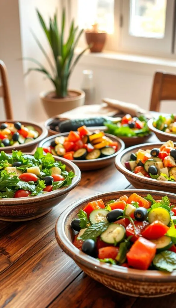 A vibrant Mediterranean spread showcasing an array of colorful salads in rustic ceramic bowls, artfully arranged on a wooden table. The foreground features a variety of fresh greens, juicy tomatoes, crisp cucumbers, and briny olives, dressed in a zesty lemon-garlic vinaigrette. In the middle ground, a selection of roasted vegetables like eggplant, peppers, and zucchini adds depth and texture. The background sets a relaxed, sun-drenched mood with natural lighting filtering through a window, casting warm, golden tones across the scene. The overall composition evokes the essence of a breezy, al fresco Mediterranean dining experience, perfect for a refreshing, healthy meal.
