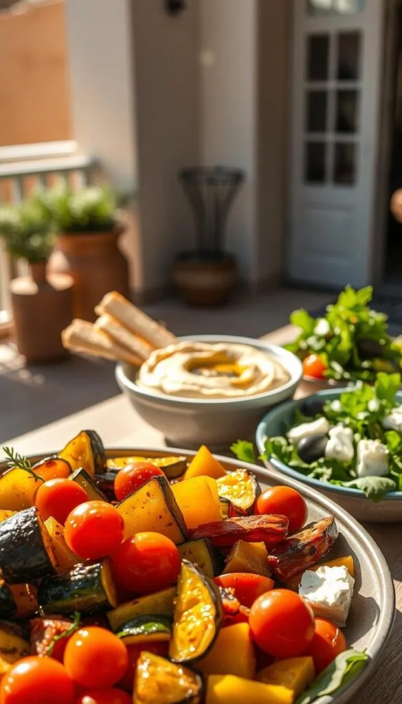 A vibrant Mediterranean vegetarian meal, bathed in warm, natural light. In the foreground, a platter overflows with a colorful array of roasted vegetables - zucchini, bell peppers, eggplant, and cherry tomatoes, drizzled with fragrant olive oil. In the middle ground, a bowl of creamy hummus is accompanied by freshly baked pita bread, while a side salad of crisp greens, olives, and feta cheese adds a refreshing touch. The background features a minimalist, rustic setting, perhaps a sun-drenched terrace or a cozy kitchen, with hints of earthy tones and simple, elegant decor. The overall atmosphere exudes a sense of wholesome, Mediterranean-inspired health and wellness.
