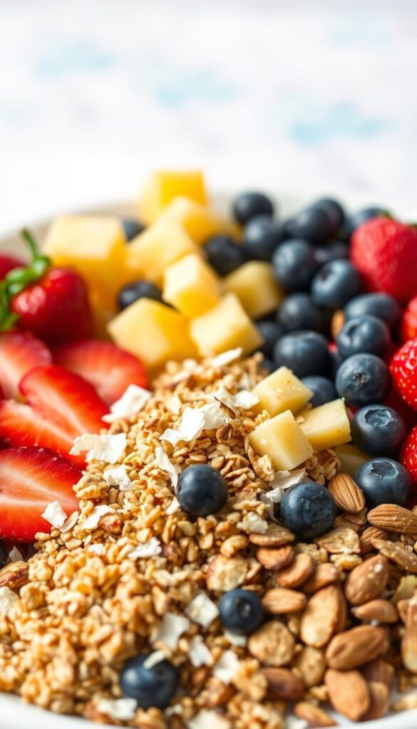 A vibrant and appetizing arrangement of the best fruit salad toppings, captured in soft, natural lighting. In the foreground, an artful display of colorful sliced strawberries, juicy pineapple chunks, and plump blueberries. In the middle ground, a scattering of toasted coconut flakes, crunchy granola, and chopped toasted almonds. In the background, a subtle gradient of pastel colors, evoking a serene, summery atmosphere. The composition is balanced and visually appealing, showcasing the textures and flavors that can elevate a simple fruit salad into a delightful, refreshing treat. A vibrant and appetizing arrangement of the best fruit salad toppings, captured in soft, natural lighting. In the foreground, an artful display of colorful sliced strawberries, juicy pineapple chunks, and plump blueberries. In the middle ground, a scattering of toasted coconut flakes, crunchy granola, and chopped toasted almonds. In the background, a subtle gradient of pastel colors, evoking a serene, summery atmosphere. The composition is balanced and visually appealing, showcasing the textures and flavors that can elevate a simple fruit salad into a delightful, refreshing treat.
