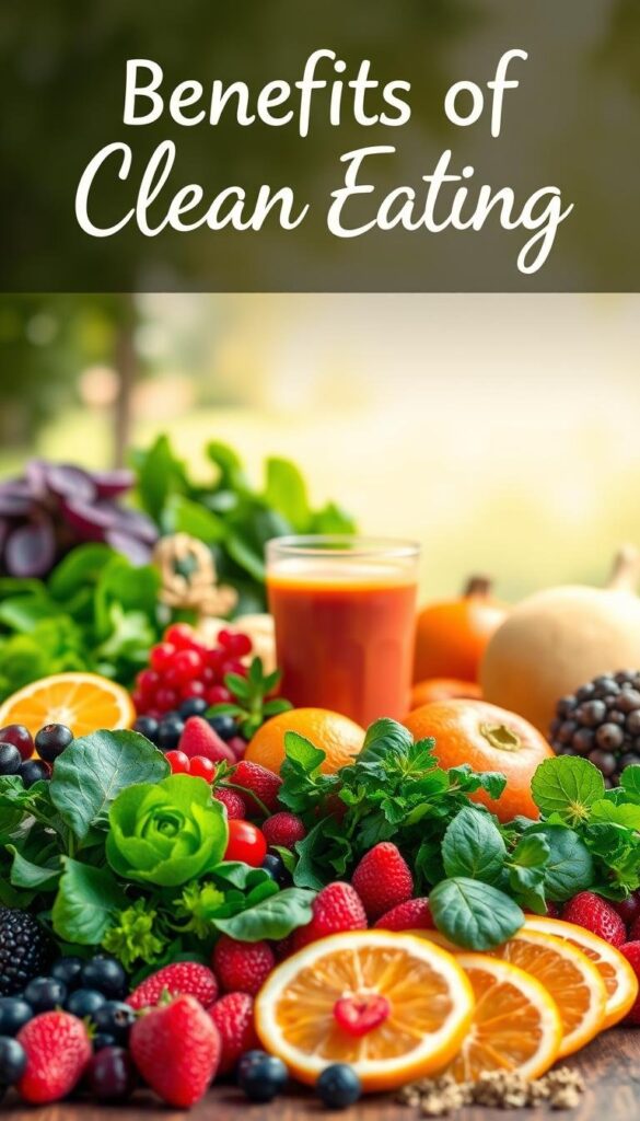 A vibrant and energetic scene showcasing the benefits of clean eating. In the foreground, an assortment of fresh, colorful produce such as leafy greens, berries, and citrus fruits, all arranged in a visually appealing manner. In the middle ground, a glass of freshly squeezed juice or a smoothie, radiating with vitality. The background features a serene, natural setting, perhaps with a hint of sunlight filtering through, creating a warm, welcoming atmosphere. The overall composition conveys a sense of wholesome nourishment, improved digestion, enhanced immunity, and increased energy, reflecting the key benefits of a clean eating lifestyle.