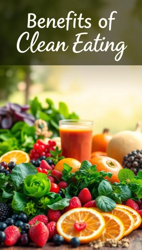A vibrant and energetic scene showcasing the benefits of clean eating. In the foreground, an assortment of fresh, colorful produce such as leafy greens, berries, and citrus fruits, all arranged in a visually appealing manner. In the middle ground, a glass of freshly squeezed juice or a smoothie, radiating with vitality. The background features a serene, natural setting, perhaps with a hint of sunlight filtering through, creating a warm, welcoming atmosphere. The overall composition conveys a sense of wholesome nourishment, improved digestion, enhanced immunity, and increased energy, reflecting the key benefits of a clean eating lifestyle.