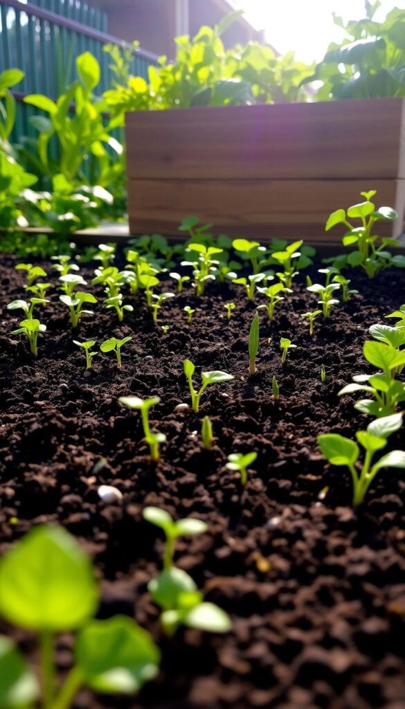 A vibrant and lush vegetable garden bursting with life. In the foreground, rows of freshly planted vegetable seeds rest in the rich, dark soil, waiting to sprout. The middle ground features a mix of small seedlings and budding plants, their leaves gently swaying in a soft, warm breeze. In the background, a wooden planter box overflows with a variety of colorful, healthy greens. Soft, diffused natural lighting from an overhead sun casts a gentle glow across the scene, creating a sense of peace and tranquility. The overall mood is one of nurturing, growth, and the promise of a bountiful harvest to come.