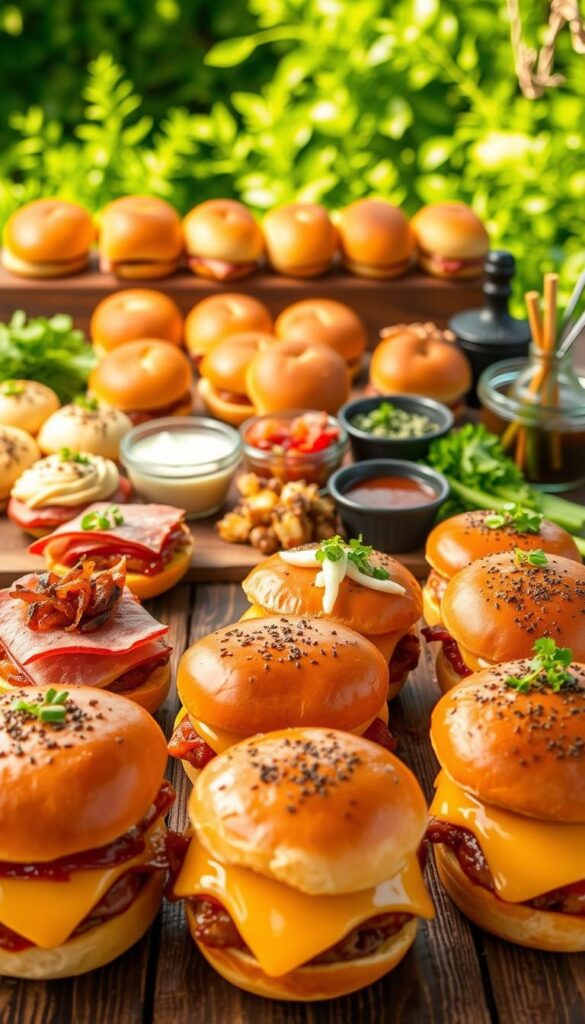 A vibrant arrangement of BBQ ham and cheese sliders in the foreground, featuring a variety of creative toppings and presentations. In the middle ground, an assortment of slider buns, sauces, and garnishes, arranged artfully. The background showcases a rustic, wooden surface with a backdrop of lush, verdant greenery, conveying a natural, outdoor ambiance. Soft, warm lighting illuminates the scene, highlighting the gooey, melted cheese and the caramelized edges of the ham. The overall mood is one of culinary delight and inviting comfort, perfectly capturing the essence of "Creative Variations to Try" for BBQ Ham and Cheese Sliders.