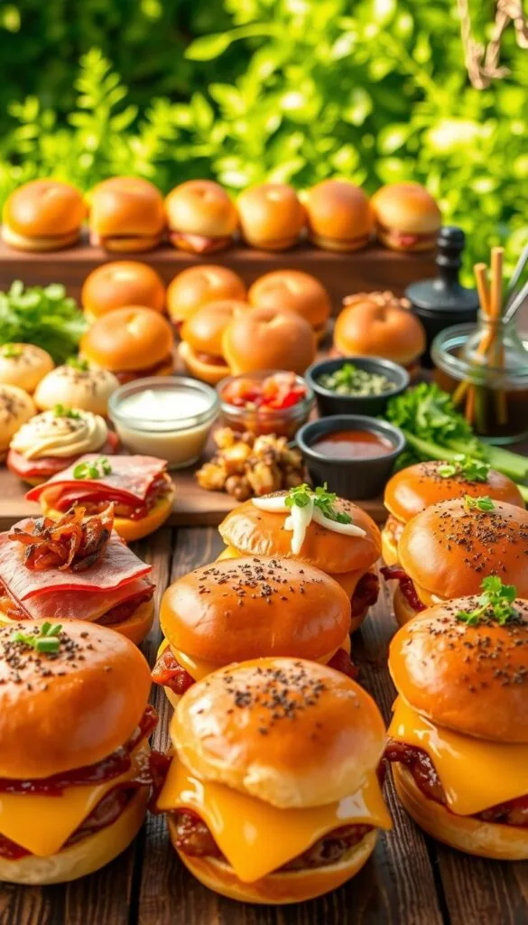 A vibrant arrangement of BBQ ham and cheese sliders in the foreground, featuring a variety of creative toppings and presentations. In the middle ground, an assortment of slider buns, sauces, and garnishes, arranged artfully. The background showcases a rustic, wooden surface with a backdrop of lush, verdant greenery, conveying a natural, outdoor ambiance. Soft, warm lighting illuminates the scene, highlighting the gooey, melted cheese and the caramelized edges of the ham. The overall mood is one of culinary delight and inviting comfort, perfectly capturing the essence of "Creative Variations to Try" for BBQ Ham and Cheese Sliders.