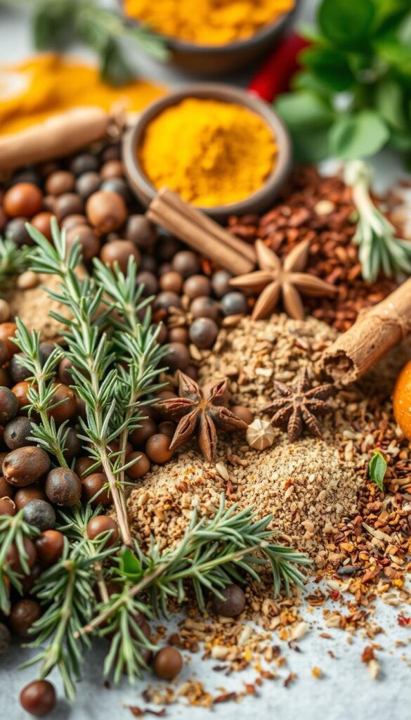 A vibrant arrangement of fresh Mediterranean herbs and aromatic spices, captured in soft, diffused lighting. In the foreground, sprigs of fragrant rosemary, thyme, and oregano mingle with whole peppercorns, star anise, and fennel seeds. The middle ground features ground cumin, cinnamon sticks, and a scattering of dried chili flakes, while the background showcases a subtle backdrop of earthy turmeric and paprika. The composition evokes the warmth and complexity of flavors integral to a nourishing Mediterranean breakfast.