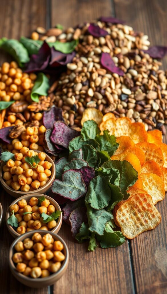 A vibrant arrangement of various vegan snack ideas presented on a rustic wooden surface. In the foreground, a mix of roasted chickpeas in an assortment of flavors such as garlic, chili, and lemon pepper, arranged in small bowls. In the middle ground, an array of crunchy veggie chips, including kale, beet, and sweet potato, fanned out with a textural and visually appealing presentation. In the background, clusters of nuts, seeds, and dried fruit offer a variety of complementary textures and flavors. The lighting is soft and natural, casting a warm, inviting glow over the scene. The composition is balanced and visually striking, showcasing the diversity and appeal of these delectable vegan snack options. A vibrant arrangement of various vegan snack ideas presented on a rustic wooden surface. In the foreground, a mix of roasted chickpeas in an assortment of flavors such as garlic, chili, and lemon pepper, arranged in small bowls. In the middle ground, an array of crunchy veggie chips, including kale, beet, and sweet potato, fanned out with a textural and visually appealing presentation. In the background, clusters of nuts, seeds, and dried fruit offer a variety of complementary textures and flavors. The lighting is soft and natural, casting a warm, inviting glow over the scene. The composition is balanced and visually striking, showcasing the diversity and appeal of these delectable vegan snack options.