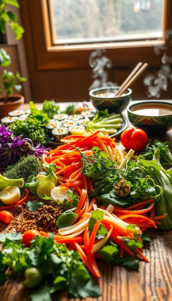 A vibrant array of Asian ingredients artfully arranged on a rustic wooden table, bathed in warm, natural light. In the foreground, a variety of fresh herbs, sliced vegetables, and aromatic spices create a captivating color palette. The middle ground features sushi rolls, chopsticks, and a steaming bowl of fragrant soup, while the background showcases a simple, uncluttered setting, allowing the vibrant elements to take center stage. The overall scene exudes a sense of balance, simplicity, and the nourishing essence of the Asian culinary tradition. A vibrant array of Asian ingredients artfully arranged on a rustic wooden table, bathed in warm, natural light. In the foreground, a variety of fresh herbs, sliced vegetables, and aromatic spices create a captivating color palette. The middle ground features sushi rolls, chopsticks, and a steaming bowl of fragrant soup, while the background showcases a simple, uncluttered setting, allowing the vibrant elements to take center stage. The overall scene exudes a sense of balance, simplicity, and the nourishing essence of the Asian culinary tradition.