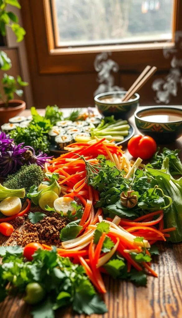 A vibrant array of Asian ingredients artfully arranged on a rustic wooden table, bathed in warm, natural light. In the foreground, a variety of fresh herbs, sliced vegetables, and aromatic spices create a captivating color palette. The middle ground features sushi rolls, chopsticks, and a steaming bowl of fragrant soup, while the background showcases a simple, uncluttered setting, allowing the vibrant elements to take center stage. The overall scene exudes a sense of balance, simplicity, and the nourishing essence of the Asian culinary tradition. A vibrant array of Asian ingredients artfully arranged on a rustic wooden table, bathed in warm, natural light. In the foreground, a variety of fresh herbs, sliced vegetables, and aromatic spices create a captivating color palette. The middle ground features sushi rolls, chopsticks, and a steaming bowl of fragrant soup, while the background showcases a simple, uncluttered setting, allowing the vibrant elements to take center stage. The overall scene exudes a sense of balance, simplicity, and the nourishing essence of the Asian culinary tradition.