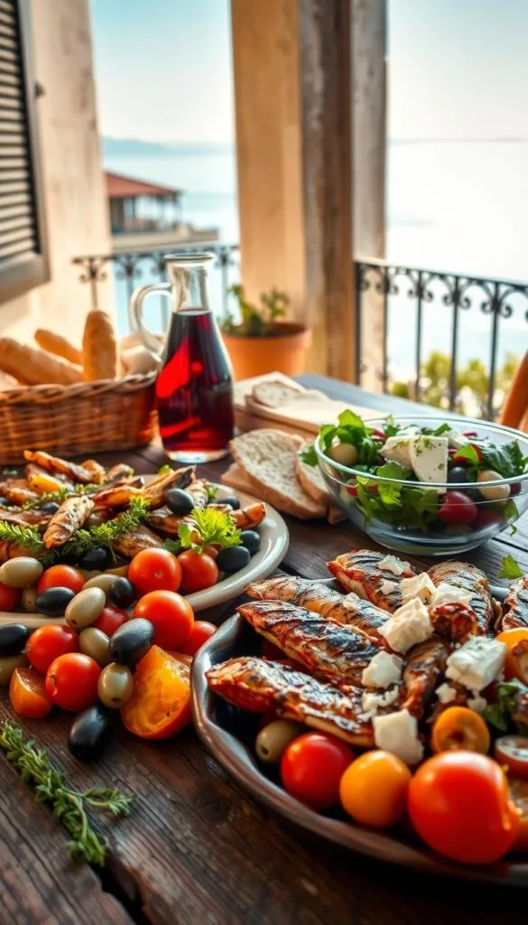 A vibrant array of Mediterranean cuisine laid out on a rustic wooden table, with a warm, golden light filtering through the scene. In the foreground, an assortment of fresh vegetables, including tomatoes, olives, and bell peppers, are arranged alongside a platter of grilled seafood and a basket of warm, crusty bread. In the middle ground, a pitcher of ruby-red wine and a salad bowl filled with leafy greens, feta, and a drizzle of olive oil. In the background, a glimpse of a sun-drenched terrace or balcony, with the distant outline of a Mediterranean coastline visible on the horizon. The overall atmosphere is one of warmth, simplicity, and the celebration of fresh, high-quality ingredients.