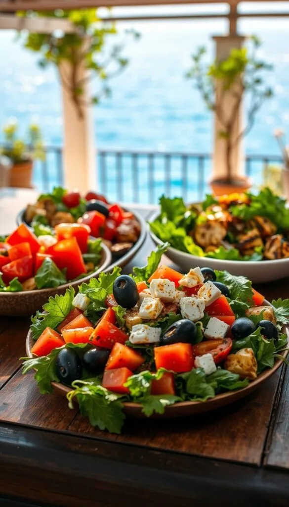 A vibrant array of Mediterranean salads arranged on a rustic wooden table, bathed in soft, natural light. In the foreground, a mix of fresh greens, juicy tomatoes, creamy feta, and briny olives, drizzled with a tantalizing vinaigrette. The middle ground features a variety of colorful vegetables, such as roasted red peppers, grilled zucchini, and artichoke hearts, complementing the salad. In the background, a glimpse of a sun-drenched terrace with a distant view of the sparkling azure sea, capturing the essence of the Mediterranean. The overall composition evokes a sense of freshness, simplicity, and the inviting flavors of the region. A vibrant array of Mediterranean salads arranged on a rustic wooden table, bathed in soft, natural light. In the foreground, a mix of fresh greens, juicy tomatoes, creamy feta, and briny olives, drizzled with a tantalizing vinaigrette. The middle ground features a variety of colorful vegetables, such as roasted red peppers, grilled zucchini, and artichoke hearts, complementing the salad. In the background, a glimpse of a sun-drenched terrace with a distant view of the sparkling azure sea, capturing the essence of the Mediterranean. The overall composition evokes a sense of freshness, simplicity, and the inviting flavors of the region.
