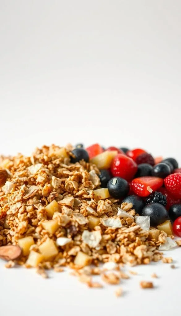 A vibrant array of freshly diced fruit salad ingredients, artfully arranged against a crisp, light background. In the foreground, an assortment of crunchy toppings - toasted almonds, granola clusters, and toasted coconut flakes - cascade across the juicy fruit medley. The middle ground features a scattering of plump, ripe berries, their vibrant colors and glossy textures complementing the contrasting crunch of the toppings. Soft, diffused lighting bathes the scene, highlighting the natural textures and drawing the viewer's eye to the enticing combination of flavors and textures. The overall mood is one of freshness, vitality, and a delightful sensory experience. A vibrant array of freshly diced fruit salad ingredients, artfully arranged against a crisp, light background. In the foreground, an assortment of crunchy toppings - toasted almonds, granola clusters, and toasted coconut flakes - cascade across the juicy fruit medley. The middle ground features a scattering of plump, ripe berries, their vibrant colors and glossy textures complementing the contrasting crunch of the toppings. Soft, diffused lighting bathes the scene, highlighting the natural textures and drawing the viewer's eye to the enticing combination of flavors and textures. The overall mood is one of freshness, vitality, and a delightful sensory experience.