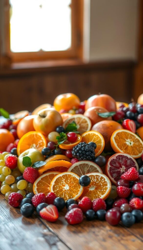 A vibrant array of seasonal fruits cascading across a wooden table, bathed in warm, natural lighting. Crisp apples, juicy oranges, luscious grapes, and succulent berries artfully arranged to showcase their vibrant colors and textures. The composition is balanced, with a mix of whole and sliced fruits, creating a visually appealing and appetizing display. A slight blur in the background suggests a cozy, homely setting, inviting the viewer to imagine the delightful taste and aroma of this bountiful fruit salad. The overall mood is one of freshness, wholesomeness, and the celebration of nature's seasonal bounty. A vibrant array of seasonal fruits cascading across a wooden table, bathed in warm, natural lighting. Crisp apples, juicy oranges, luscious grapes, and succulent berries artfully arranged to showcase their vibrant colors and textures. The composition is balanced, with a mix of whole and sliced fruits, creating a visually appealing and appetizing display. A slight blur in the background suggests a cozy, homely setting, inviting the viewer to imagine the delightful taste and aroma of this bountiful fruit salad. The overall mood is one of freshness, wholesomeness, and the celebration of nature's seasonal bounty.
