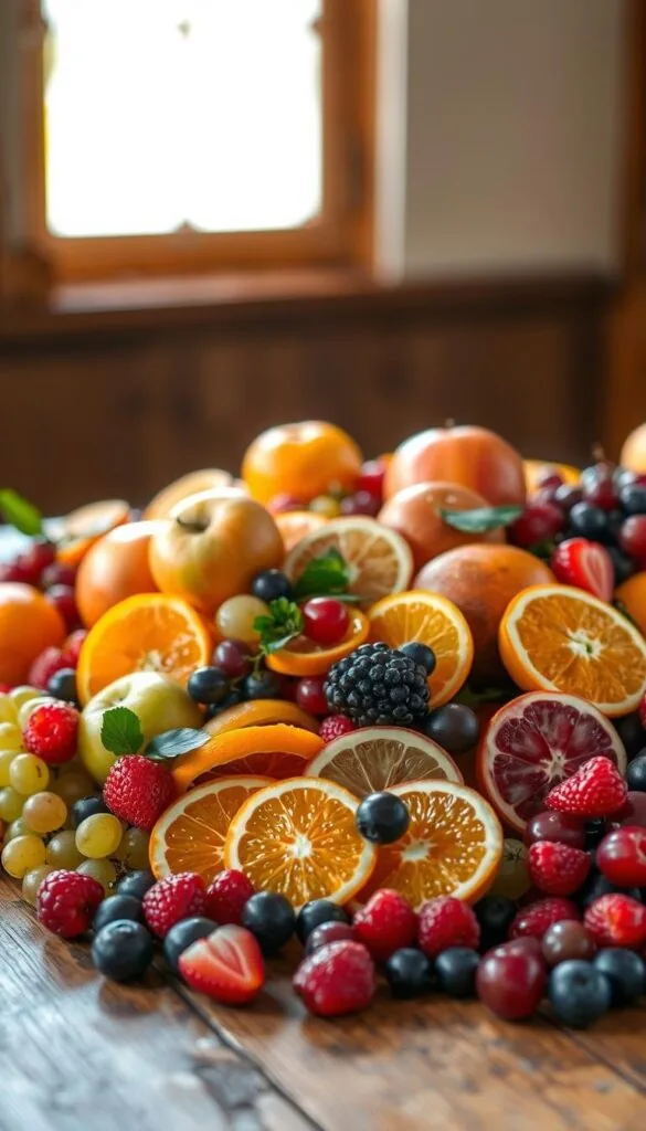 A vibrant array of seasonal fruits cascading across a wooden table, bathed in warm, natural lighting. Crisp apples, juicy oranges, luscious grapes, and succulent berries artfully arranged to showcase their vibrant colors and textures. The composition is balanced, with a mix of whole and sliced fruits, creating a visually appealing and appetizing display. A slight blur in the background suggests a cozy, homely setting, inviting the viewer to imagine the delightful taste and aroma of this bountiful fruit salad. The overall mood is one of freshness, wholesomeness, and the celebration of nature's seasonal bounty. A vibrant array of seasonal fruits cascading across a wooden table, bathed in warm, natural lighting. Crisp apples, juicy oranges, luscious grapes, and succulent berries artfully arranged to showcase their vibrant colors and textures. The composition is balanced, with a mix of whole and sliced fruits, creating a visually appealing and appetizing display. A slight blur in the background suggests a cozy, homely setting, inviting the viewer to imagine the delightful taste and aroma of this bountiful fruit salad. The overall mood is one of freshness, wholesomeness, and the celebration of nature's seasonal bounty.