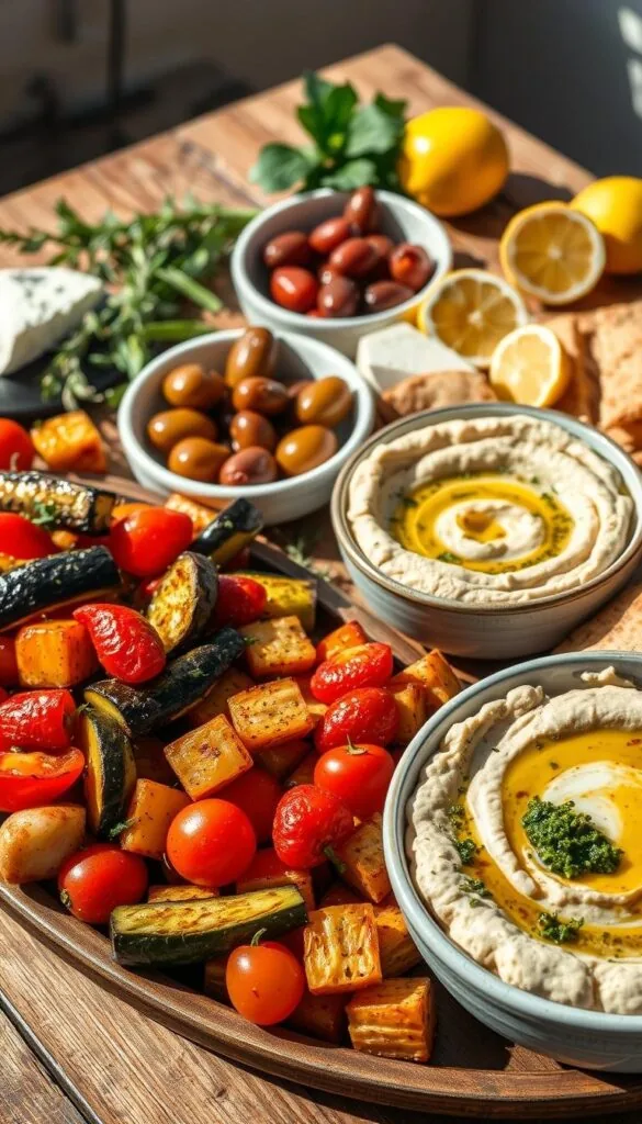A vibrant assortment of Mediterranean side dishes, bathed in warm sunlight and arranged artfully on a rustic wooden table. In the foreground, an array of colorful roasted vegetables - zucchini, eggplant, red peppers, and cherry tomatoes - drizzled with olive oil and sprinkled with fragrant herbs. In the middle ground, a bowl of creamy hummus, dotted with a swirl of vibrant green pesto, accompanied by crisp pita wedges. In the background, a selection of marinated olives, a wedge of tangy feta cheese, and a cluster of fresh lemon slices, adding pops of color and a touch of brightness. The scene is infused with the aroma of garlic, oregano, and the essence of the Mediterranean, evoking a sense of warmth and convivial dining.