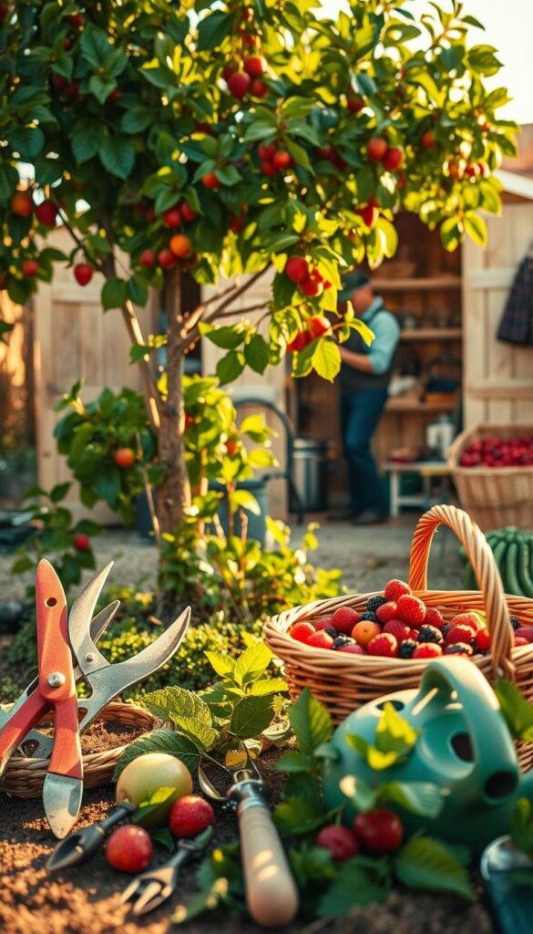 A vibrant fruit garden maintenance scene, bathed in warm, golden light. In the foreground, an array of essential gardening tools - pruning shears, garden trowel, watering can, and a basket overflowing with freshly harvested berries. In the middle ground, a gardener tending to a lush, verdant fruit tree, gently pruning its branches. In the background, a neatly organized shed filled with additional supplies, and a bountiful harvest spilling out from its open doors. The scene exudes a sense of purposeful productivity, inviting the viewer to imagine the joys and rewards of a well-maintained fruit garden. A vibrant fruit garden maintenance scene, bathed in warm, golden light. In the foreground, an array of essential gardening tools - pruning shears, garden trowel, watering can, and a basket overflowing with freshly harvested berries. In the middle ground, a gardener tending to a lush, verdant fruit tree, gently pruning its branches. In the background, a neatly organized shed filled with additional supplies, and a bountiful harvest spilling out from its open doors. The scene exudes a sense of purposeful productivity, inviting the viewer to imagine the joys and rewards of a well-maintained fruit garden.