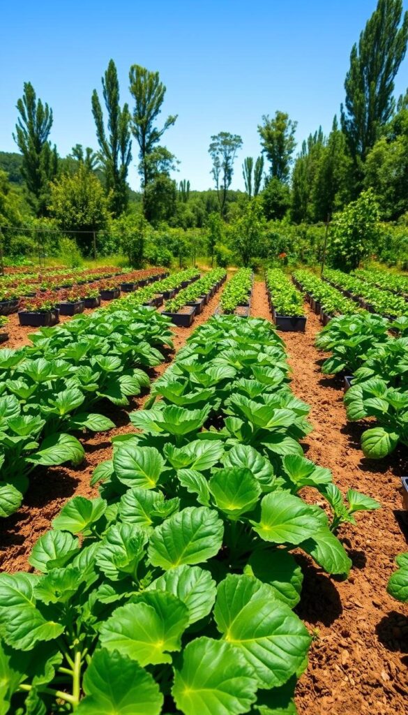 A vibrant garden filled with thriving vegetables, captured with a wide-angle lens under natural sunlight. In the foreground, rows of lush, healthy plants with deep green leaves and plump produce nestle in well-tended soil. The middle ground reveals carefully spaced seedlings and containers, showcasing efficient, hassle-free planting techniques. In the background, a verdant landscape with towering trees creates a serene, inviting atmosphere. The scene radiates a sense of effortless abundance, inspiring the viewer to explore simple, rewarding vegetable growing methods. A vibrant garden filled with thriving vegetables, captured with a wide-angle lens under natural sunlight. In the foreground, rows of lush, healthy plants with deep green leaves and plump produce nestle in well-tended soil. The middle ground reveals carefully spaced seedlings and containers, showcasing efficient, hassle-free planting techniques. In the background, a verdant landscape with towering trees creates a serene, inviting atmosphere. The scene radiates a sense of effortless abundance, inspiring the viewer to explore simple, rewarding vegetable growing methods.