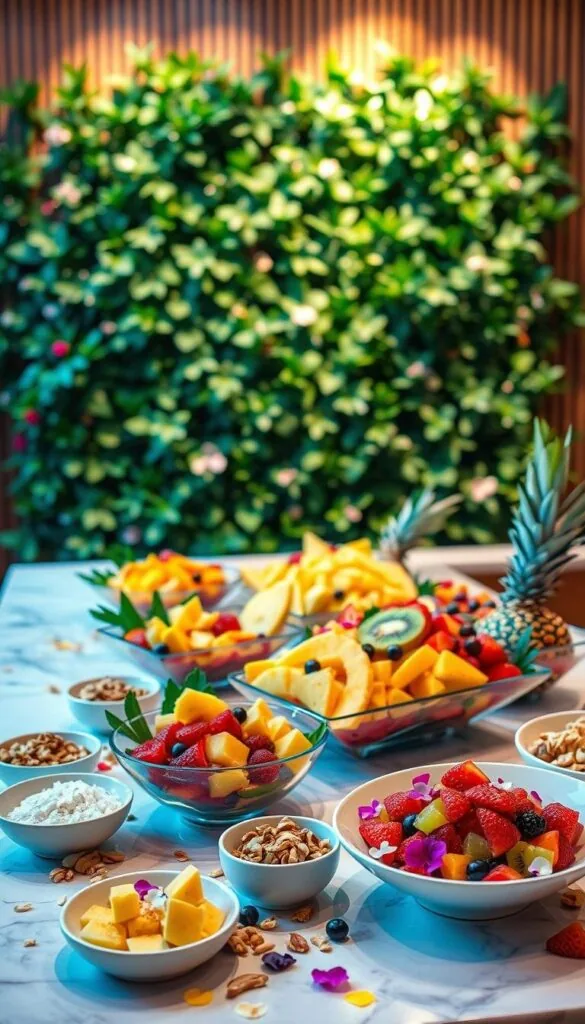 A vibrant, immersive fruit salad bar set against a warm, inviting backdrop. The foreground showcases an artful arrangement of freshly sliced tropical fruits, including mango, pineapple, kiwi, and berries, nestled in sleek, modern serving dishes. Scattered around are creative toppings like toasted coconut flakes, chopped nuts, honey drizzle, and edible flower petals, inviting guests to customize their perfect fruit salad. The middle ground features a rustic wooden counter with a marble surface, lending an elegant yet approachable atmosphere. Soft, indirect lighting casts a natural glow, highlighting the vibrant colors and textures of the fruit. In the background, a lush, leafy plant wall creates a serene, garden-like setting, transporting the viewer to a delightful oasis of flavors and textures. A vibrant, immersive fruit salad bar set against a warm, inviting backdrop. The foreground showcases an artful arrangement of freshly sliced tropical fruits, including mango, pineapple, kiwi, and berries, nestled in sleek, modern serving dishes. Scattered around are creative toppings like toasted coconut flakes, chopped nuts, honey drizzle, and edible flower petals, inviting guests to customize their perfect fruit salad. The middle ground features a rustic wooden counter with a marble surface, lending an elegant yet approachable atmosphere. Soft, indirect lighting casts a natural glow, highlighting the vibrant colors and textures of the fruit. In the background, a lush, leafy plant wall creates a serene, garden-like setting, transporting the viewer to a delightful oasis of flavors and textures.