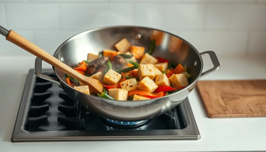 A vibrant kitchen scene with a stainless steel wok sizzling on a gas stovetop, filled with fresh, colorful vegetables and cubes of golden tofu. The stir-fry is in mid-preparation, with a wooden spoon gently tossing the ingredients in a cloud of fragrant steam. Soft, even lighting illuminates the process, creating depth and texture. The background features a clean, minimalist countertop and backsplash, allowing the cooking action to take center stage. The overall atmosphere is one of focused, efficient cooking, perfectly capturing the step-by-step process of creating a delicious tofu and vegetable stir-fry. A vibrant kitchen scene with a stainless steel wok sizzling on a gas stovetop, filled with fresh, colorful vegetables and cubes of golden tofu. The stir-fry is in mid-preparation, with a wooden spoon gently tossing the ingredients in a cloud of fragrant steam. Soft, even lighting illuminates the process, creating depth and texture. The background features a clean, minimalist countertop and backsplash, allowing the cooking action to take center stage. The overall atmosphere is one of focused, efficient cooking, perfectly capturing the step-by-step process of creating a delicious tofu and vegetable stir-fry.