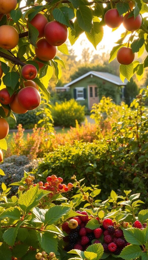 A vibrant, lush backyard fruit garden bathed in warm, golden afternoon light. In the foreground, a variety of lush, ripe fruits in mouthwatering shades of red, orange, and yellow hang from the branches of carefully tended fruit trees. The middle ground showcases a diverse array of berry bushes and vines, their leaves glistening with dew. In the background, a picturesque garden shed nestled among verdant foliage, hinting at the bountiful harvest to come. The scene exudes a sense of tranquility and abundance, inviting the viewer to imagine the pleasures and benefits of cultivating a thriving fruit garden in their own backyard. A vibrant, lush backyard fruit garden bathed in warm, golden afternoon light. In the foreground, a variety of lush, ripe fruits in mouthwatering shades of red, orange, and yellow hang from the branches of carefully tended fruit trees. The middle ground showcases a diverse array of berry bushes and vines, their leaves glistening with dew. In the background, a picturesque garden shed nestled among verdant foliage, hinting at the bountiful harvest to come. The scene exudes a sense of tranquility and abundance, inviting the viewer to imagine the pleasures and benefits of cultivating a thriving fruit garden in their own backyard.