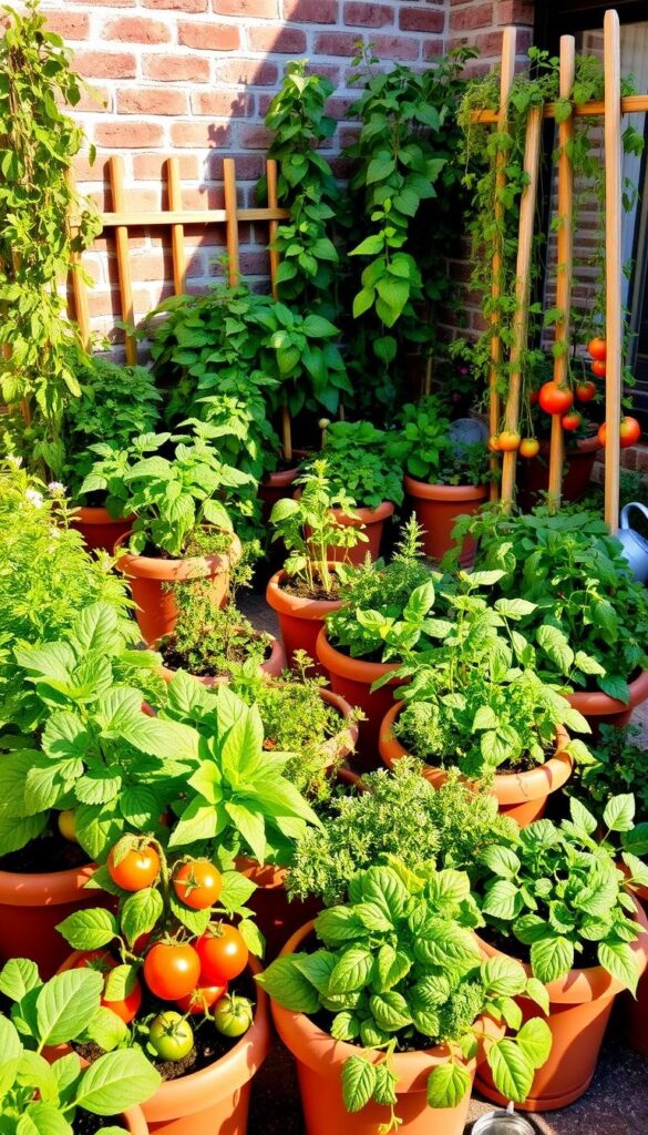 A vibrant patio filled with lush, thriving potted vegetables and herbs. In the foreground, an assortment of terracotta pots brimming with leafy greens, tomatoes, and fragrant herbs, bathed in warm afternoon sunlight. The middle ground showcases a variety of colorful, bountiful plants cascading over the pot rims, creating an abundant, urban garden oasis. Wooden trellises and stakes provide support for climbing vines, while small garden tools and watering cans suggest the hands-on care of the urban gardener. The background features a cozy, weathered brick wall, lending a sense of seclusion and tranquility to this productive, space-saving patio garden. A vibrant patio filled with lush, thriving potted vegetables and herbs. In the foreground, an assortment of terracotta pots brimming with leafy greens, tomatoes, and fragrant herbs, bathed in warm afternoon sunlight. The middle ground showcases a variety of colorful, bountiful plants cascading over the pot rims, creating an abundant, urban garden oasis. Wooden trellises and stakes provide support for climbing vines, while small garden tools and watering cans suggest the hands-on care of the urban gardener. The background features a cozy, weathered brick wall, lending a sense of seclusion and tranquility to this productive, space-saving patio garden.