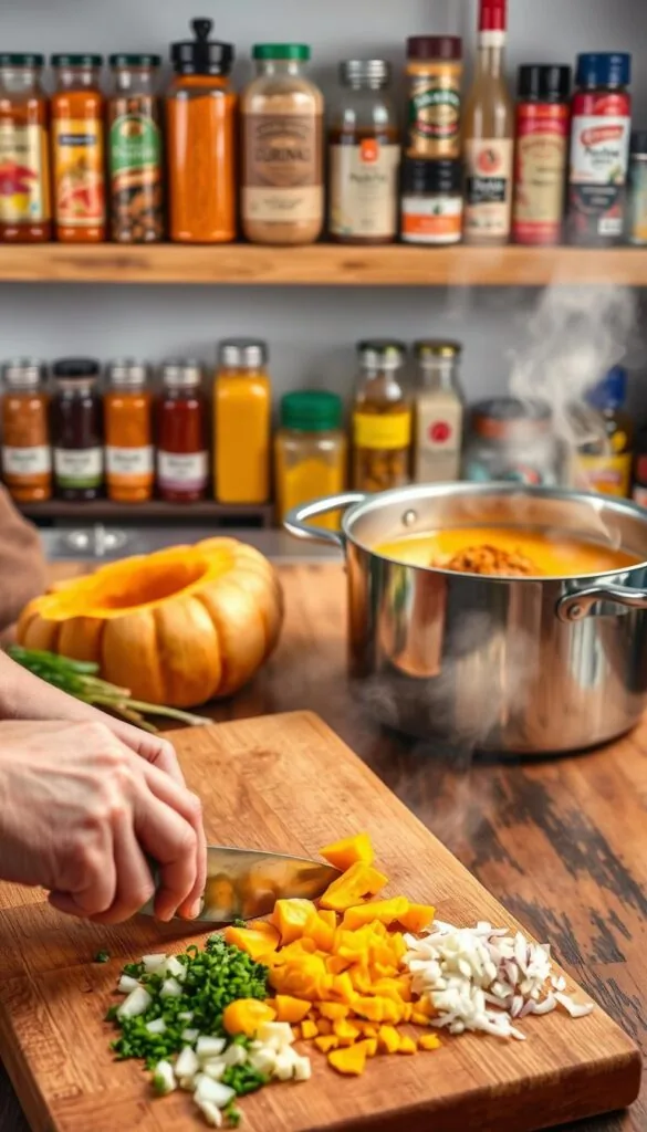 A vibrant, step-by-step visual guide to preparing curried pumpkin soup. In the foreground, a chef's hands carefully chop fresh pumpkin, ginger, and onions on a wooden cutting board. The mid-ground features a simmering pot of sautéed aromatics, spices, and stock, with steam gently rising. In the background, shelves display an array of colorful spices, jars of curry powder, and other soup ingredients, bathed in warm, diffused lighting. The scene conveys a sense of culinary expertise, wholesome ingredients, and the comforting process of homemade soup preparation.