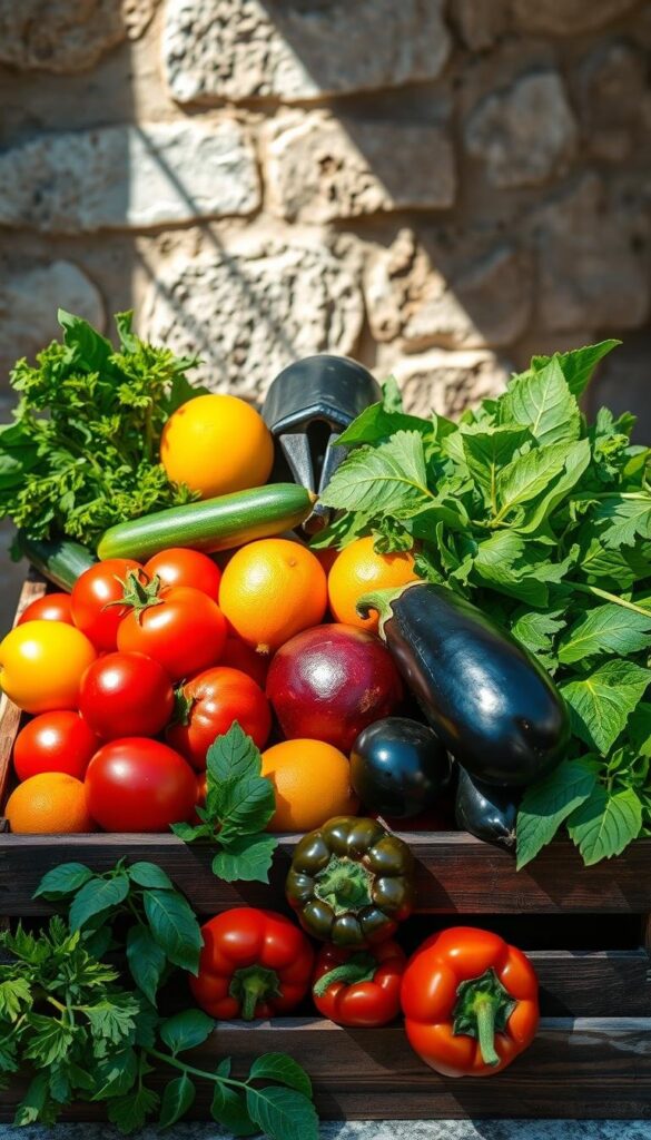 A vibrant still life of Mediterranean Diet staples: ripe tomatoes, crisp cucumbers, lush leafy greens, juicy citrus fruits, earthy eggplants, and vibrant bell peppers. Arrange them in a rustic wooden crate against a backdrop of sun-dappled stone walls. Soft natural lighting casts warm shadows, highlighting the fresh, vibrant colors and textures. The scene evokes the sun-kissed produce markets of the Mediterranean, inviting the viewer to savor the bounty of this healthy, flavorful cuisine.
