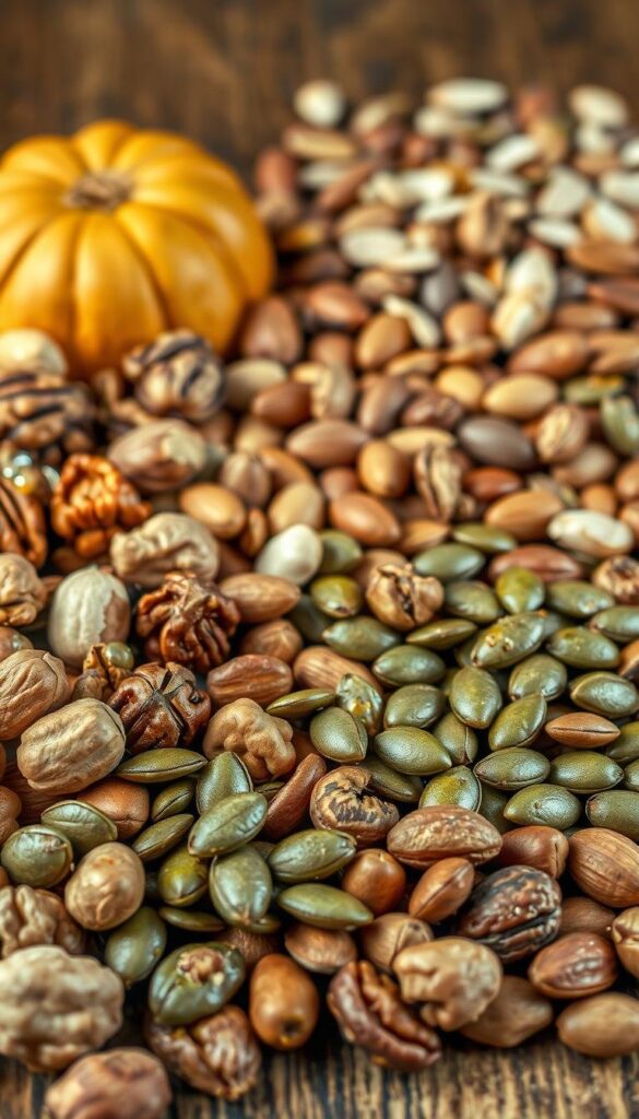 A vibrant still life of an assortment of autumn nuts and seeds, artfully arranged on a rustic wooden table. In the foreground, an array of shelled walnuts, pecans, and hazelnuts, their warm tones and irregular shapes complementing the earthy backdrop. In the middle ground, a scattering of roasted pumpkin seeds, their glistening green surfaces adding a pop of color. The background features a selection of whole, unshelled almonds and sunflower seeds, their textures and shapes creating visual interest. The lighting is soft and diffused, casting gentle shadows and highlighting the natural beauty of the ingredients. The overall mood is one of cozy, harvest-inspired abundance, perfect for inspiring a delicious fall salad. A vibrant still life of an assortment of autumn nuts and seeds, artfully arranged on a rustic wooden table. In the foreground, an array of shelled walnuts, pecans, and hazelnuts, their warm tones and irregular shapes complementing the earthy backdrop. In the middle ground, a scattering of roasted pumpkin seeds, their glistening green surfaces adding a pop of color. The background features a selection of whole, unshelled almonds and sunflower seeds, their textures and shapes creating visual interest. The lighting is soft and diffused, casting gentle shadows and highlighting the natural beauty of the ingredients. The overall mood is one of cozy, harvest-inspired abundance, perfect for inspiring a delicious fall salad.