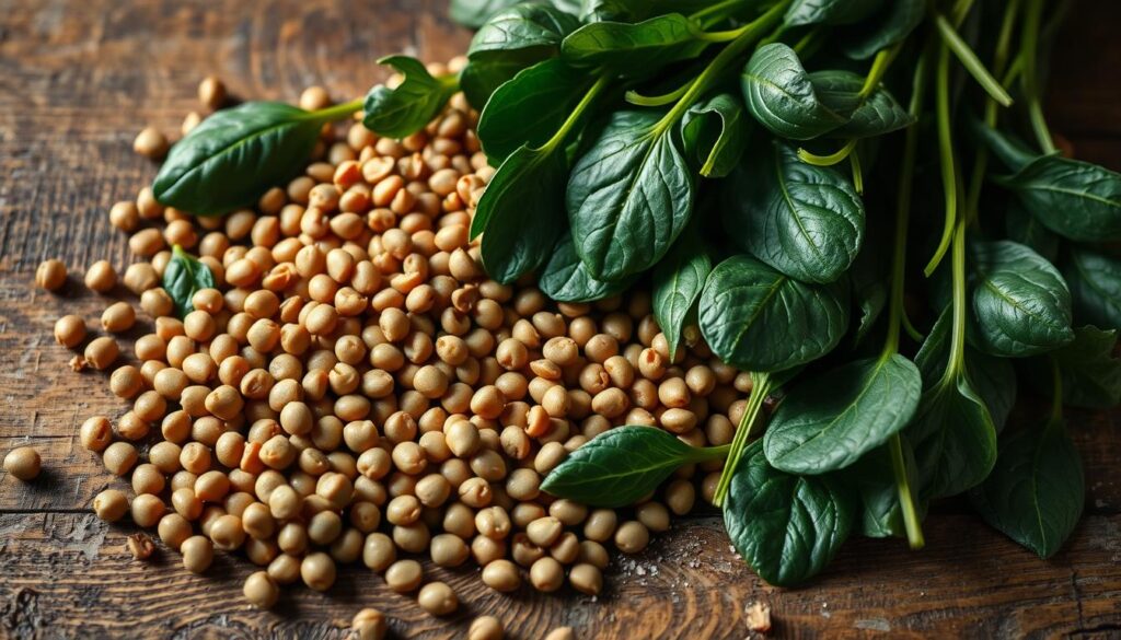 A vibrant still life of freshly harvested lentils and spinach leaves, delicately arranged on a rustic wooden table. The lentils, in varying shades of brown and green, are neatly scattered, while the spinach leaves, their deep emerald hues illuminated by soft, natural lighting, cascade gracefully across the scene. The composition is balanced, with the textural contrast between the smooth lentils and the curling, leafy spinach creating a visually appealing and appetizing display. A warm, earthy tone pervades the image, evoking the comforting nature of a homemade lentil and spinach stew. The lighting is gentle, casting a soft, diffused glow that highlights the natural beauty of the ingredients, inviting the viewer to imagine the delicious flavors and aromas that await. A vibrant still life of freshly harvested lentils and spinach leaves, delicately arranged on a rustic wooden table. The lentils, in varying shades of brown and green, are neatly scattered, while the spinach leaves, their deep emerald hues illuminated by soft, natural lighting, cascade gracefully across the scene. The composition is balanced, with the textural contrast between the smooth lentils and the curling, leafy spinach creating a visually appealing and appetizing display. A warm, earthy tone pervades the image, evoking the comforting nature of a homemade lentil and spinach stew. The lighting is gentle, casting a soft, diffused glow that highlights the natural beauty of the ingredients, inviting the viewer to imagine the delicious flavors and aromas that await.