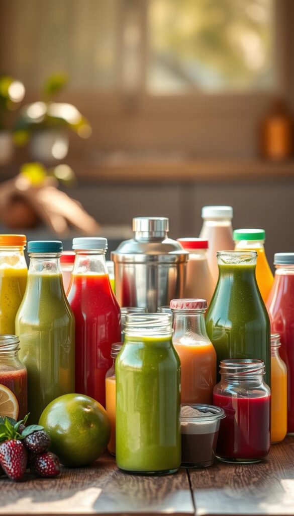 A vibrant still life scene of an assortment of protein-rich drinks on a wooden table. In the foreground, an array of bottled beverages in various shades of green, red, and yellow, including protein-infused smoothies, shakes, and juices. The middle ground features a stainless steel protein shaker and a scoop of protein powder, conveying the functional nature of these nourishing drinks. The background is softly blurred, highlighting the focus on the central elements. Warm, natural lighting bathes the scene, creating a sense of energy and vitality. The overall composition evokes a balanced, healthy, and energizing atmosphere. A vibrant still life scene of an assortment of protein-rich drinks on a wooden table. In the foreground, an array of bottled beverages in various shades of green, red, and yellow, including protein-infused smoothies, shakes, and juices. The middle ground features a stainless steel protein shaker and a scoop of protein powder, conveying the functional nature of these nourishing drinks. The background is softly blurred, highlighting the focus on the central elements. Warm, natural lighting bathes the scene, creating a sense of energy and vitality. The overall composition evokes a balanced, healthy, and energizing atmosphere.