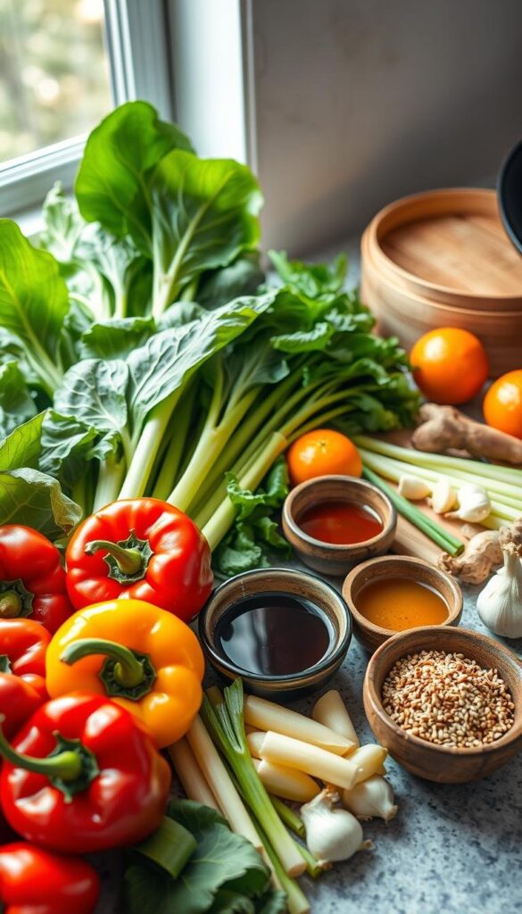 A vibrant still life showcasing a diverse array of fresh, wholesome Asian ingredients. In the foreground, a bountiful display of colorful produce: glistening bell peppers, crisp bok choy, aromatic lemongrass, and juicy mandarin oranges. In the middle ground, a variety of sauces and seasonings in earthy ceramic bowls - soy sauce, sesame oil, mirin, and toasted sesame seeds. In the background, a wooden cutting board with freshly sliced ginger and garlic, complemented by a bamboo steamer and a cast-iron wok, evoking the warmth and nourishment of Asian home cooking. Soft, natural lighting from a window casts a soothing glow over the scene, emphasizing the healthful vitality of these ingredients. A vibrant still life showcasing a diverse array of fresh, wholesome Asian ingredients. In the foreground, a bountiful display of colorful produce: glistening bell peppers, crisp bok choy, aromatic lemongrass, and juicy mandarin oranges. In the middle ground, a variety of sauces and seasonings in earthy ceramic bowls - soy sauce, sesame oil, mirin, and toasted sesame seeds. In the background, a wooden cutting board with freshly sliced ginger and garlic, complemented by a bamboo steamer and a cast-iron wok, evoking the warmth and nourishment of Asian home cooking. Soft, natural lighting from a window casts a soothing glow over the scene, emphasizing the healthful vitality of these ingredients.