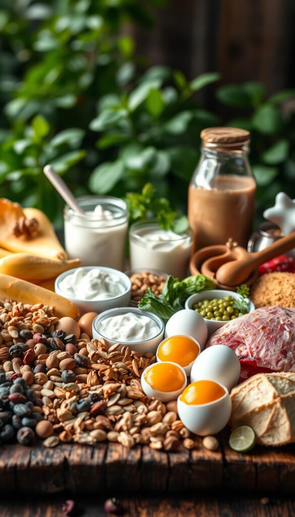 A vibrant still life showcasing a diverse array of protein-rich ingredients in a natural, well-lit setting. In the foreground, an array of whole foods such as eggs, nuts, seeds, legumes, and lean meats are artfully arranged on a rustic wooden surface. The middle ground features blended smoothie ingredients like Greek yogurt, nut butters, and protein powder, creating a layered and visually interesting composition. The background hints at a lush, verdant environment, evoking a sense of health and vitality. The lighting is soft and diffused, accentuating the natural textures and colors of the ingredients. The overall mood is one of wellness, abundance, and a commitment to fueling the body with high-quality, nutrient-dense protein sources.