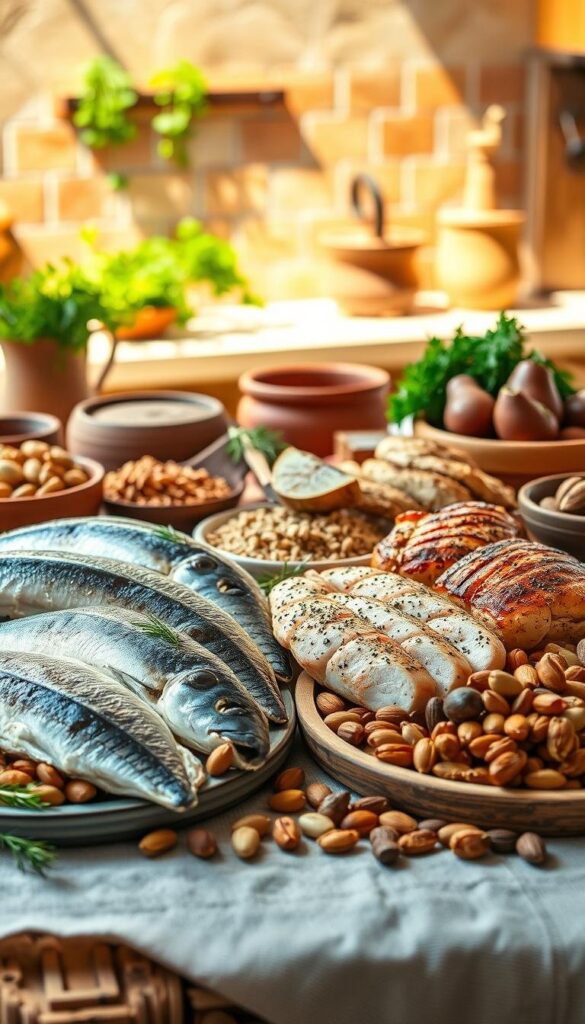 A vibrant still life showcasing the diverse protein sources of the Mediterranean diet. In the foreground, a bountiful arrangement of fresh fish fillets, grilled chicken breasts, and an assortment of nuts and seeds. The middle ground features a rustic wooden table with a linen cloth, complemented by earthy ceramic bowls and platters. In the background, a warm, sun-drenched kitchen or dining area with hints of terracotta tiles and verdant herbs. The lighting is soft and natural, casting gentle shadows and highlighting the inviting textures of the ingredients. The overall scene exudes a sense of health, balance, and the vibrant flavors of the Mediterranean culinary tradition.