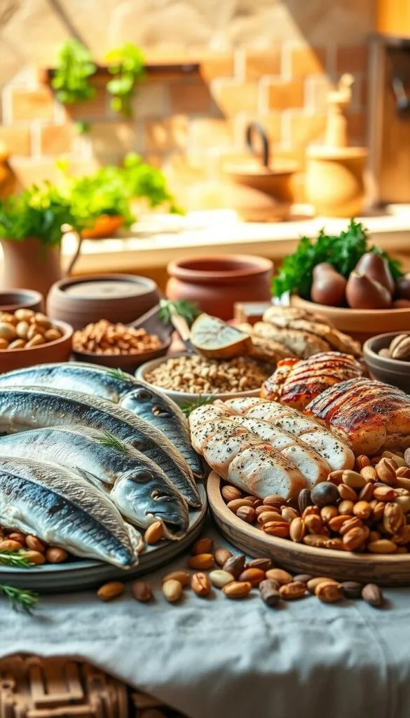 A vibrant still life showcasing the diverse protein sources of the Mediterranean diet. In the foreground, a bountiful arrangement of fresh fish fillets, grilled chicken breasts, and an assortment of nuts and seeds. The middle ground features a rustic wooden table with a linen cloth, complemented by earthy ceramic bowls and platters. In the background, a warm, sun-drenched kitchen or dining area with hints of terracotta tiles and verdant herbs. The lighting is soft and natural, casting gentle shadows and highlighting the inviting textures of the ingredients. The overall scene exudes a sense of health, balance, and the vibrant flavors of the Mediterranean culinary tradition. A vibrant still life showcasing the diverse protein sources of the Mediterranean diet. In the foreground, a bountiful arrangement of fresh fish fillets, grilled chicken breasts, and an assortment of nuts and seeds. The middle ground features a rustic wooden table with a linen cloth, complemented by earthy ceramic bowls and platters. In the background, a warm, sun-drenched kitchen or dining area with hints of terracotta tiles and verdant herbs. The lighting is soft and natural, casting gentle shadows and highlighting the inviting textures of the ingredients. The overall scene exudes a sense of health, balance, and the vibrant flavors of the Mediterranean culinary tradition.