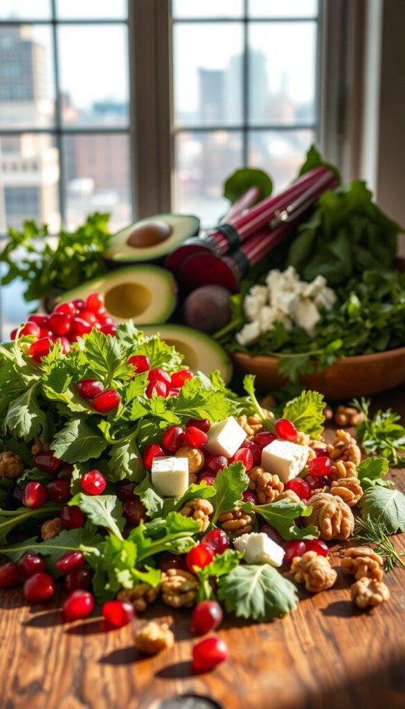 A vibrant still life showcasing the key ingredients for delectable winter salads. In the foreground, a crisp assortment of leafy greens, juicy pomegranate arils, and crunchy walnuts spill across a rustic wooden table, illuminated by warm, directional lighting that casts dramatic shadows. In the middle ground, vibrant beets, creamy avocado, and tangy feta cheese are arranged artfully, complemented by a scattering of fresh herbs. The background features a soft, blurred cityscape through a large window, hinting at the season's chill while the inviting ingredients evoke the comforts of a nourishing winter meal. A vibrant still life showcasing the key ingredients for delectable winter salads. In the foreground, a crisp assortment of leafy greens, juicy pomegranate arils, and crunchy walnuts spill across a rustic wooden table, illuminated by warm, directional lighting that casts dramatic shadows. In the middle ground, vibrant beets, creamy avocado, and tangy feta cheese are arranged artfully, complemented by a scattering of fresh herbs. The background features a soft, blurred cityscape through a large window, hinting at the season's chill while the inviting ingredients evoke the comforts of a nourishing winter meal.