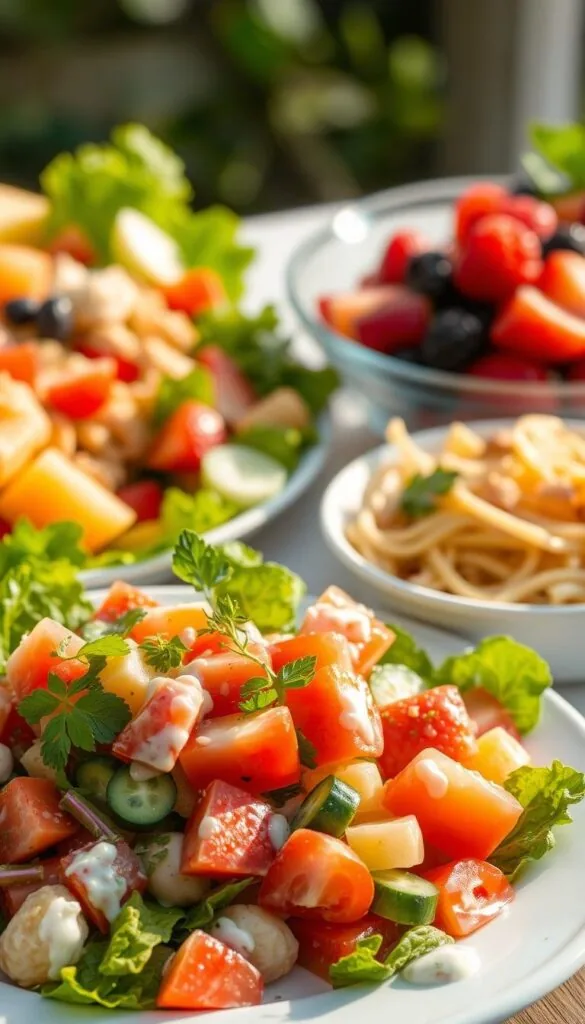 A vibrant tableau of classic summer salads, captured in warm afternoon light. In the foreground, a crisp, fresh garden salad with a creamy dressing, garnished with juicy tomatoes, crunchy cucumbers, and fragrant herbs. In the middle ground, a hearty pasta salad with al dente noodles, brightly colored vegetables, and a tangy vinaigrette. In the background, a refreshing fruit salad featuring sweet berries, juicy melon, and a light citrus drizzle. The composition is balanced, with each salad element complementing the others, creating a visually appealing and mouthwatering display of summer's bounty.