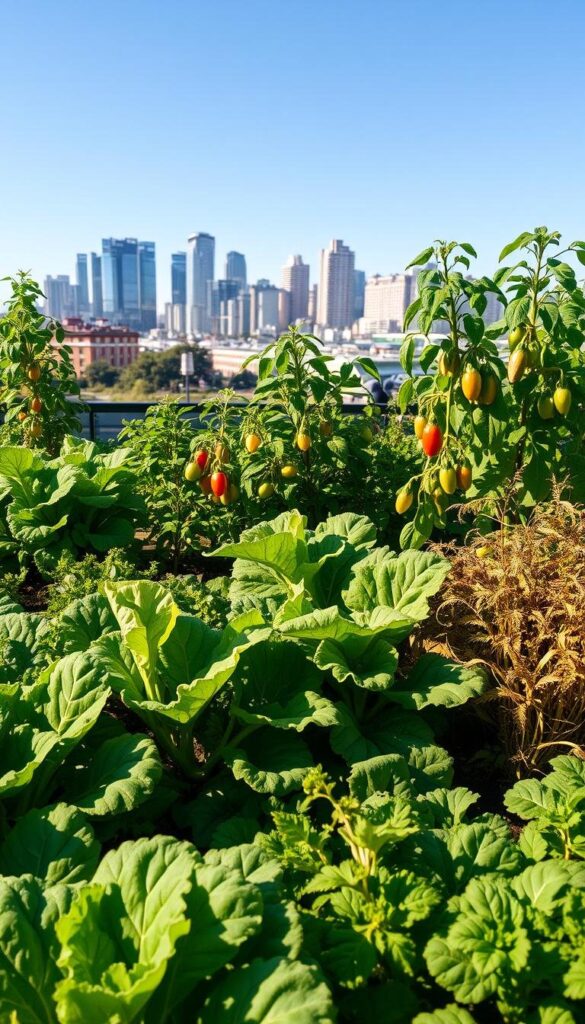 A vibrant urban garden scene with various leafy greens, herbs, and vegetables thriving in a sunlit, well-tended plot. In the foreground, rows of lush kale, spinach, and lettuce plants sway gently in a soft breeze. The middle ground features a mix of tomato vines, zucchini, and peppers, their colorful produce peeking out from the foliage. In the background, a picturesque cityscape with modern high-rises and a clear, blue sky provides a harmonious backdrop. The lighting is soft and natural, casting warm shadows and highlights that accentuate the details of the plants. The overall composition conveys a sense of tranquility, abundance, and the joy of cultivating one's own food in an urban setting. A vibrant urban garden scene with various leafy greens, herbs, and vegetables thriving in a sunlit, well-tended plot. In the foreground, rows of lush kale, spinach, and lettuce plants sway gently in a soft breeze. The middle ground features a mix of tomato vines, zucchini, and peppers, their colorful produce peeking out from the foliage. In the background, a picturesque cityscape with modern high-rises and a clear, blue sky provides a harmonious backdrop. The lighting is soft and natural, casting warm shadows and highlights that accentuate the details of the plants. The overall composition conveys a sense of tranquility, abundance, and the joy of cultivating one's own food in an urban setting.