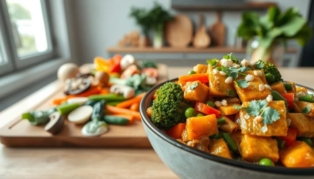 A vibrant vegan stir-fry dish, featuring a variety of fresh vegetables simmered in a savory peanut sauce. In the foreground, a steaming bowl of stir-fried tofu, broccoli, carrots, and snow peas, garnished with chopped peanuts and cilantro. The middle ground showcases an assortment of colorful stir-fry ingredients, such as sliced bell peppers, mushrooms, and bok choy, arranged on a wooden cutting board. In the background, a minimalist kitchen setting, with a large window allowing natural light to flood the scene, creating a warm, inviting atmosphere. The image is captured with a wide-angle lens, providing a comprehensive view of the dish and its surroundings, conveying the simplicity and versatility of a customizable vegan stir-fry. A vibrant vegan stir-fry dish, featuring a variety of fresh vegetables simmered in a savory peanut sauce. In the foreground, a steaming bowl of stir-fried tofu, broccoli, carrots, and snow peas, garnished with chopped peanuts and cilantro. The middle ground showcases an assortment of colorful stir-fry ingredients, such as sliced bell peppers, mushrooms, and bok choy, arranged on a wooden cutting board. In the background, a minimalist kitchen setting, with a large window allowing natural light to flood the scene, creating a warm, inviting atmosphere. The image is captured with a wide-angle lens, providing a comprehensive view of the dish and its surroundings, conveying the simplicity and versatility of a customizable vegan stir-fry.