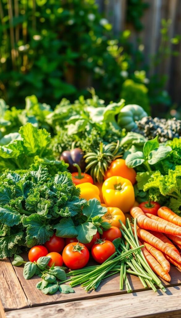 A vibrant vegetable garden in warm afternoon sunlight, featuring an assortment of beginner-friendly produce laid out on a rustic wooden table. In the foreground, a selection of lush, leafy greens such as kale, spinach, and lettuce, alongside plump tomatoes, crunchy carrots, and crisp bell peppers. In the middle ground, a handful of herbs, including basil, parsley, and chives, add pops of color and aroma. The background suggests a cozy, backyard setting with a backdrop of verdant foliage and a hint of a wooden fence. The overall composition conveys a sense of abundance, simplicity, and the joy of homegrown goodness, perfectly capturing the essence of "Selecting the Best Vegetables for Beginners".