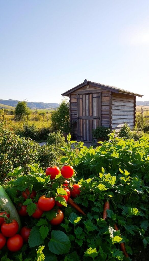 A vibrant vegetable garden with lush, verdant foliage basking in warm, golden sunlight. In the foreground, a selection of fresh, glistening produce - tomatoes, carrots, leafy greens, and more - arranged artfully. The middle ground showcases a cozy wooden garden shed, its weathered planks a testament to the hard work and dedication of the gardener. In the background, a backdrop of rolling hills and a cloudless sky, conveying a sense of tranquility and abundance. The scene exudes a feeling of fulfillment, health, and the joy of cultivating one's own nourishing ingredients. A vibrant vegetable garden with lush, verdant foliage basking in warm, golden sunlight. In the foreground, a selection of fresh, glistening produce - tomatoes, carrots, leafy greens, and more - arranged artfully. The middle ground showcases a cozy wooden garden shed, its weathered planks a testament to the hard work and dedication of the gardener. In the background, a backdrop of rolling hills and a cloudless sky, conveying a sense of tranquility and abundance. The scene exudes a feeling of fulfillment, health, and the joy of cultivating one's own nourishing ingredients.