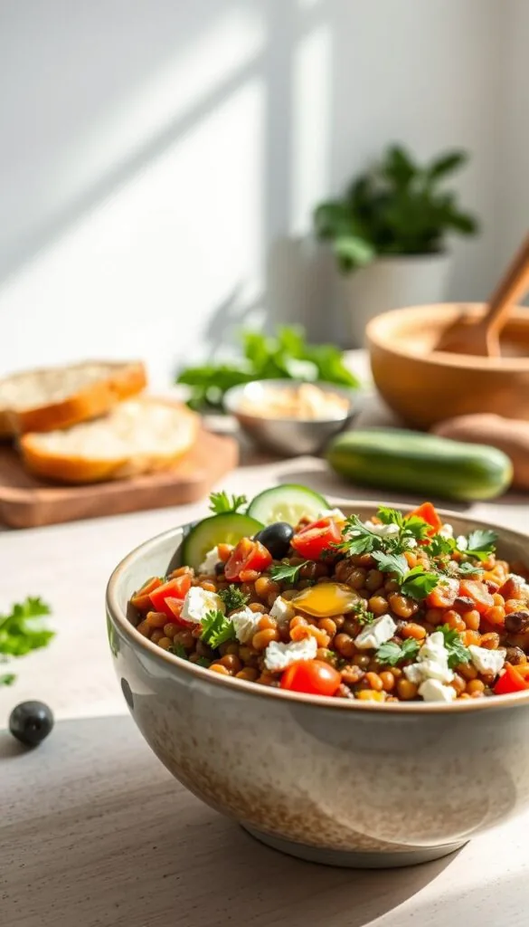A visually appealing Mediterranean lentil bowl set against a bright, airy kitchen backdrop. In the foreground, the bowl is filled with vibrant lentils, diced tomatoes, crumbled feta, and fresh herbs like parsley and oregano. Sliced cucumbers, olives, and a drizzle of olive oil accent the dish. The middle ground features a wooden board with slices of crusty bread and a small dish of hummus. Soft, directional lighting casts warm shadows, creating a cozy, inviting atmosphere. The overall composition highlights the fresh, healthy ingredients and diverse serving suggestions for this nourishing Mediterranean-inspired meal.