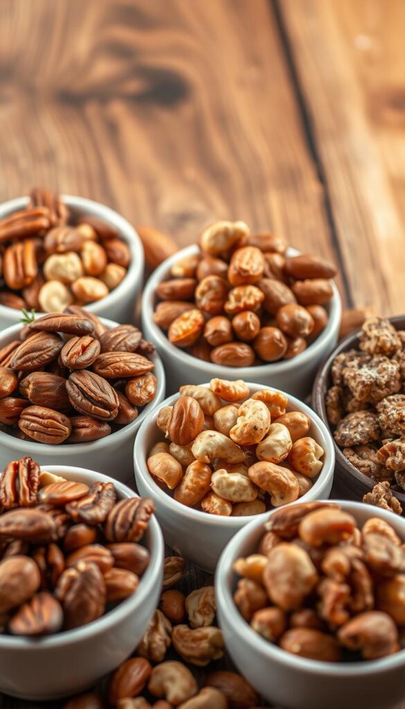 A visually appealing arrangement of various roasted nuts, including pecans, almonds, cashews, and walnuts, presented against a rustic wooden backdrop. The nuts are neatly organized in small bowls, each showcasing a distinct flavor profile, such as rosemary-infused, maple-glazed, and sea salt-dusted. The lighting is soft and warm, creating a cozy, inviting atmosphere. The camera angle is slightly elevated, allowing the viewer to appreciate the delicate textures and colors of the nuts. The overall composition emphasizes the diversity of flavors and the artisanal nature of the roasted nut selection. A visually appealing arrangement of various roasted nuts, including pecans, almonds, cashews, and walnuts, presented against a rustic wooden backdrop. The nuts are neatly organized in small bowls, each showcasing a distinct flavor profile, such as rosemary-infused, maple-glazed, and sea salt-dusted. The lighting is soft and warm, creating a cozy, inviting atmosphere. The camera angle is slightly elevated, allowing the viewer to appreciate the delicate textures and colors of the nuts. The overall composition emphasizes the diversity of flavors and the artisanal nature of the roasted nut selection.