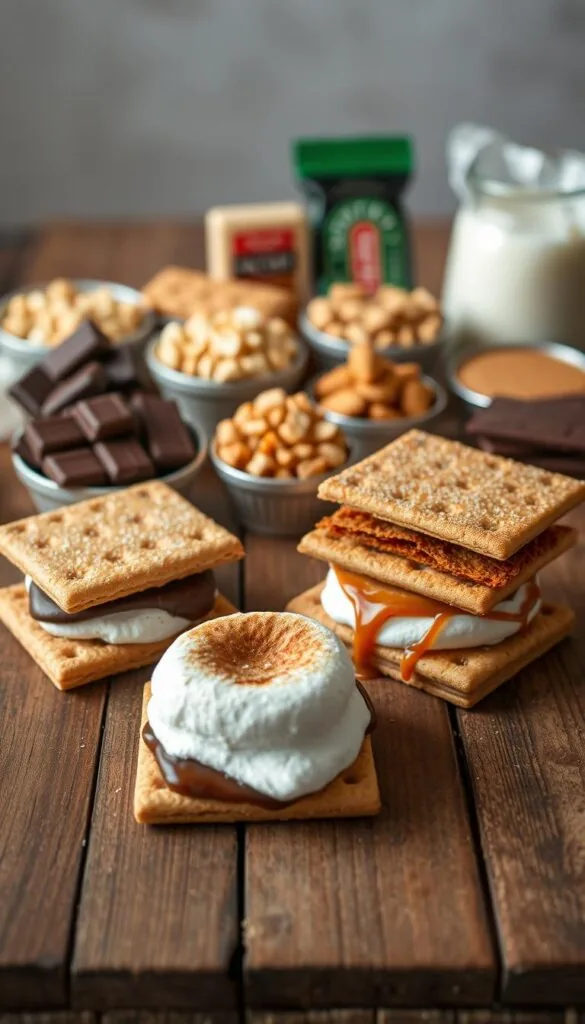 A visually appealing assortment of customizable s'mores variations on a rustic wooden table. In the foreground, three distinct s'mores creations: a classic graham cracker sandwich with lightly toasted marshmallow and rich chocolate, a deconstructed s'more with graham cracker crumbs, a gooey marshmallow, and a drizzle of dark chocolate sauce, and an innovative twist featuring a crisp, golden-brown air-fried marshmallow nestled between cinnamon-sugar dusted graham crackers. In the middle ground, an array of toppings and mix-ins, such as crushed peanuts, toasted coconut flakes, caramel drizzle, and flavored chocolate bars. The background is softly blurred, evoking a warm, cozy atmosphere perfect for this delightful dessert.