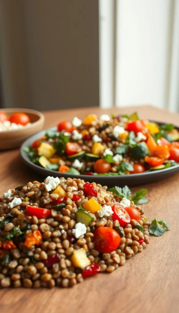 A visually appealing lentil salad with an assortment of roasted vegetables, captured in a warm, natural light. In the foreground, a vibrant medley of lentils, roasted bell peppers, zucchini, and cherry tomatoes, neatly arranged on a wooden table. In the middle ground, a scattering of toasted pine nuts and crumbled feta cheese, adding texture and depth. The background features a simple, minimalist setting, with a neutral-toned wall or backdrop, allowing the colors and textures of the salad to take center stage. The overall scene conveys a sense of wholesome, rustic elegance, inviting the viewer to savor the flavors and nutritional benefits of this nourishing dish.