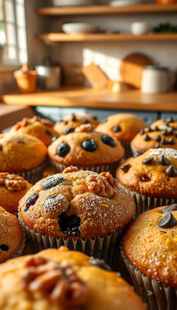 A visually captivating assortment of freshly baked muffins, each showcasing a unique blend of delightful add-ins. The foreground features an enticing display of muffins in various flavors and textures, including juicy blueberries, crunchy walnuts, tangy lemon zest, and rich chocolate chips. The middle ground highlights the muffins' golden-brown tops, their crowns adorned with a light dusting of powdered sugar. In the background, a warm, inviting kitchen setting with natural lighting casts a soft, cozy glow, creating an appetizing and welcoming atmosphere. The overall scene evokes a sense of culinary creativity and the delightful possibilities of personalized muffin creations.