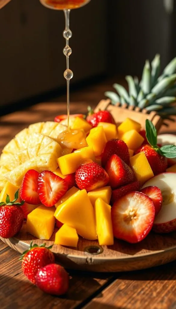 A visually enticing fruit salad arrangement is presented on a rustic wooden table, with a drizzle of a light, tangy vinaigrette dressing cascading across the vibrant slices of fresh pineapple, juicy mango, sweet strawberries, and crisp apple wedges. The composition is carefully balanced, with the different colors and textures creating a harmonious and appetizing display. Warm, natural lighting illuminates the scene, casting soft shadows and highlights that accentuate the luscious, glistening fruit. The overall atmosphere is one of freshness, vitality, and a touch of indulgence, perfectly capturing the essence of "Dressing Your Fruit Salad". A visually enticing fruit salad arrangement is presented on a rustic wooden table, with a drizzle of a light, tangy vinaigrette dressing cascading across the vibrant slices of fresh pineapple, juicy mango, sweet strawberries, and crisp apple wedges. The composition is carefully balanced, with the different colors and textures creating a harmonious and appetizing display. Warm, natural lighting illuminates the scene, casting soft shadows and highlights that accentuate the luscious, glistening fruit. The overall atmosphere is one of freshness, vitality, and a touch of indulgence, perfectly capturing the essence of "Dressing Your Fruit Salad".