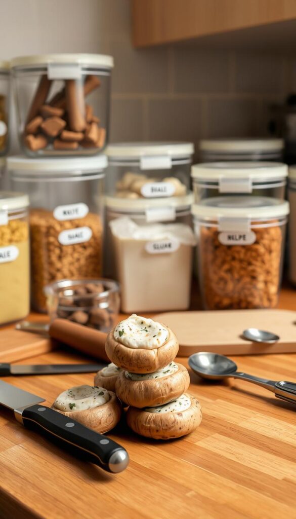 A warm, well-lit kitchen counter with an array of glass storage containers, airtight lids, and neatly labeled ingredients. In the foreground, a stack of small, round mushroom caps, their caps lifted to reveal a creamy, herb-flecked filling. Surrounding the mushrooms, assorted culinary tools like a sharp paring knife, a small cutting board, and a measuring spoon. The background features a subtle patterned tile backsplash, hinting at a cozy, organized cooking space. The overall mood is one of thoughtful meal preparation and efficient storage solutions, evoking a sense of culinary mastery and practical expertise. A warm, well-lit kitchen counter with an array of glass storage containers, airtight lids, and neatly labeled ingredients. In the foreground, a stack of small, round mushroom caps, their caps lifted to reveal a creamy, herb-flecked filling. Surrounding the mushrooms, assorted culinary tools like a sharp paring knife, a small cutting board, and a measuring spoon. The background features a subtle patterned tile backsplash, hinting at a cozy, organized cooking space. The overall mood is one of thoughtful meal preparation and efficient storage solutions, evoking a sense of culinary mastery and practical expertise.