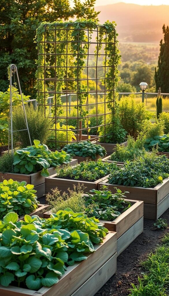 A well-designed vegetable garden with neatly arranged raised beds and container plantings. The foreground showcases various healthy greens, herbs, and compact vegetable varieties thriving in a mix of wooden planters and tiered planting boxes. The middle ground features a striking trellis system supporting a cascade of vibrant vines and trailing plants. In the background, a serene landscape unfolds, with a backdrop of lush foliage and a warm, golden afternoon light filtering through. The overall composition conveys a sense of effortless, low-maintenance abundance, perfectly suited for the "Planning Your Vegetable Garden Layout" section. A well-designed vegetable garden with neatly arranged raised beds and container plantings. The foreground showcases various healthy greens, herbs, and compact vegetable varieties thriving in a mix of wooden planters and tiered planting boxes. The middle ground features a striking trellis system supporting a cascade of vibrant vines and trailing plants. In the background, a serene landscape unfolds, with a backdrop of lush foliage and a warm, golden afternoon light filtering through. The overall composition conveys a sense of effortless, low-maintenance abundance, perfectly suited for the "Planning Your Vegetable Garden Layout" section.